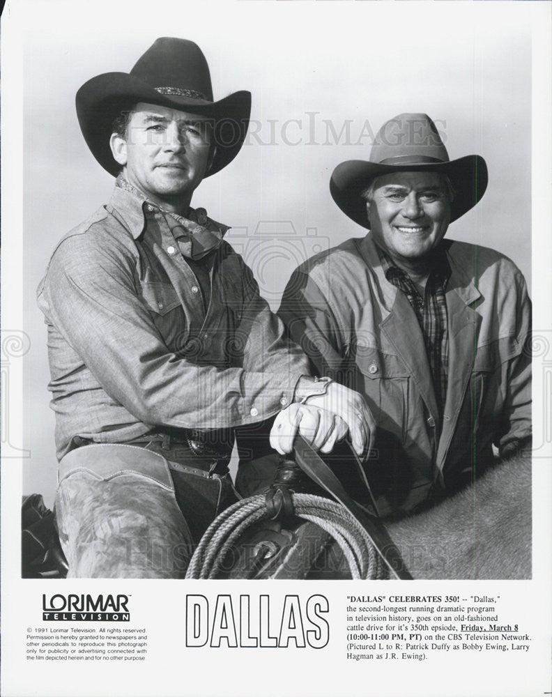 1991 Press Photo Patrick Duffy &amp; Larry Hagman in &quot;Dallas&quot; - Historic Images