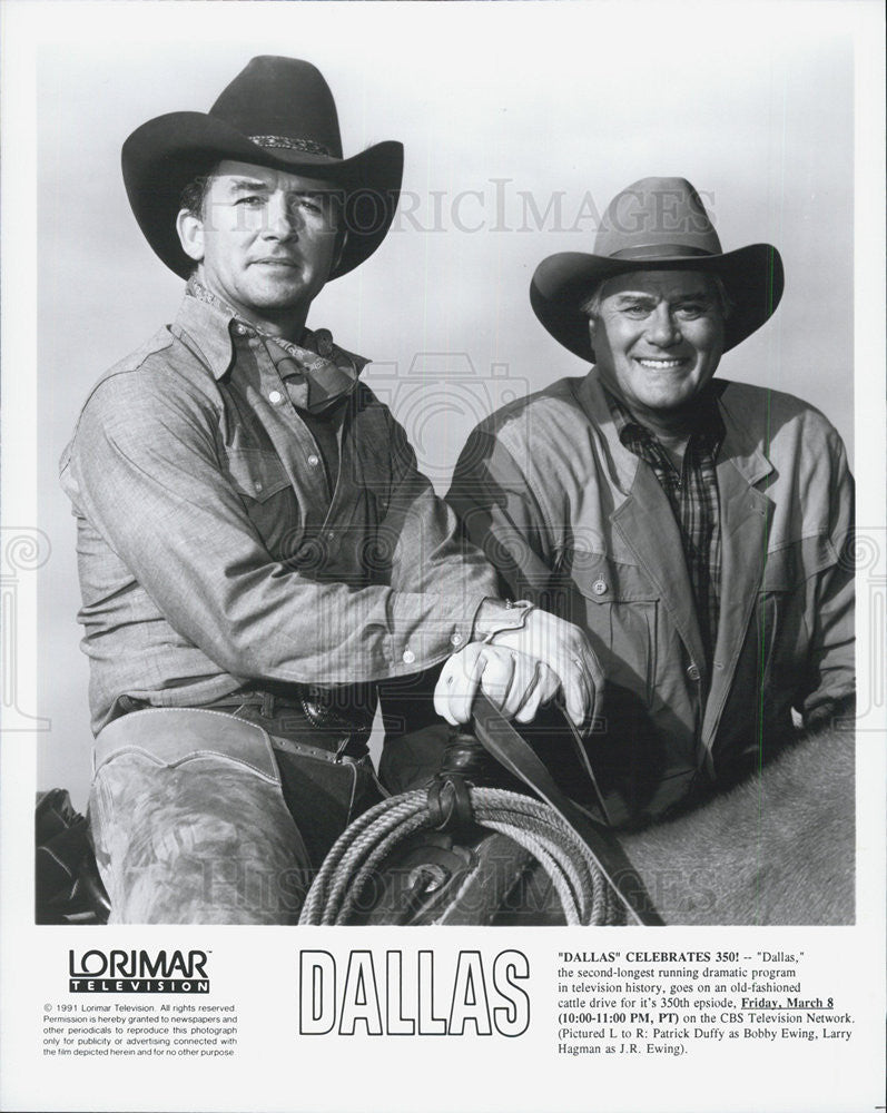 1991 Press Photo Patrick Duffy &amp; Larry Hagman in &quot;Dallas&quot; - Historic Images