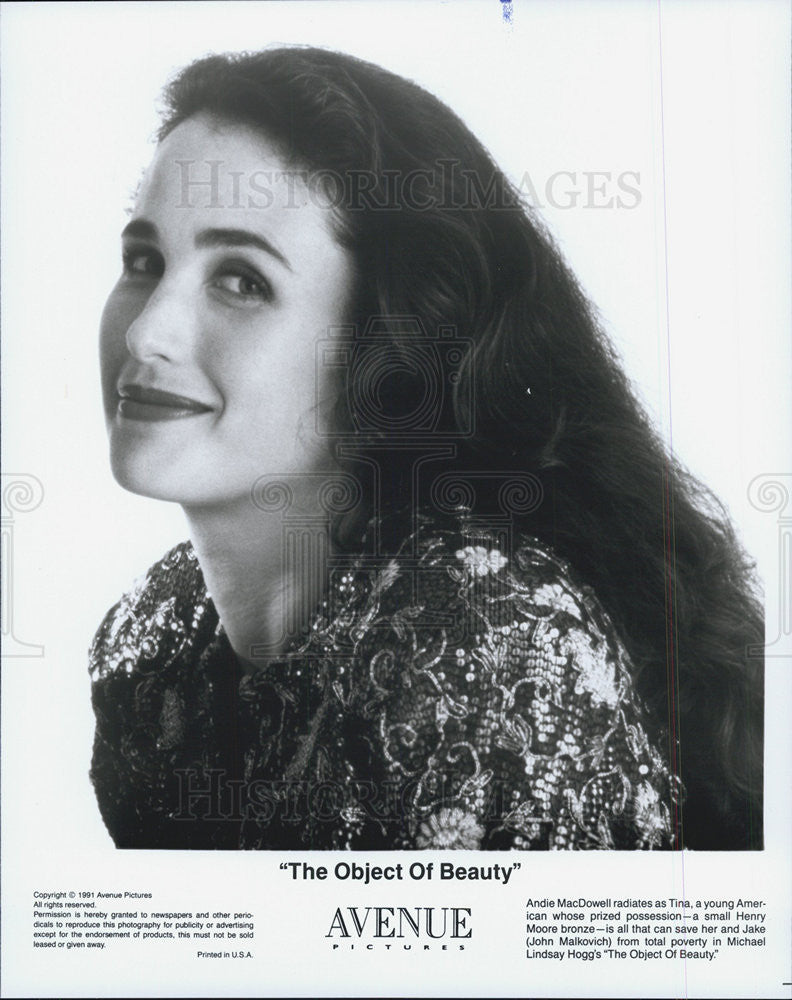 1991 Press Photo &quot;The Object of Beauty&quot; Andie MacDowell - Historic Images