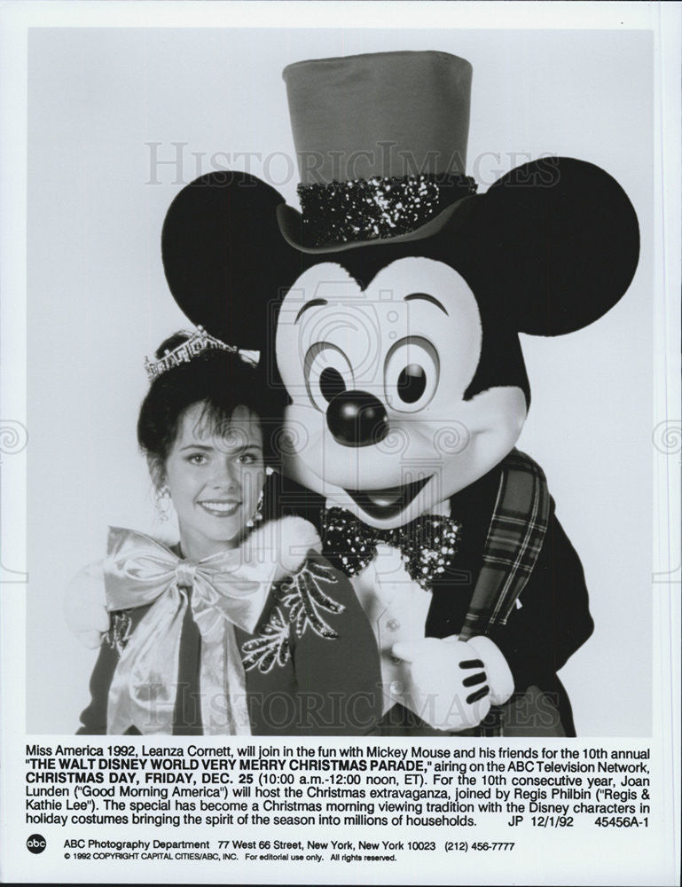 1992 Press Photo of MIckey Mouse with Ms. America 1992, Leanza Cornett. - Historic Images