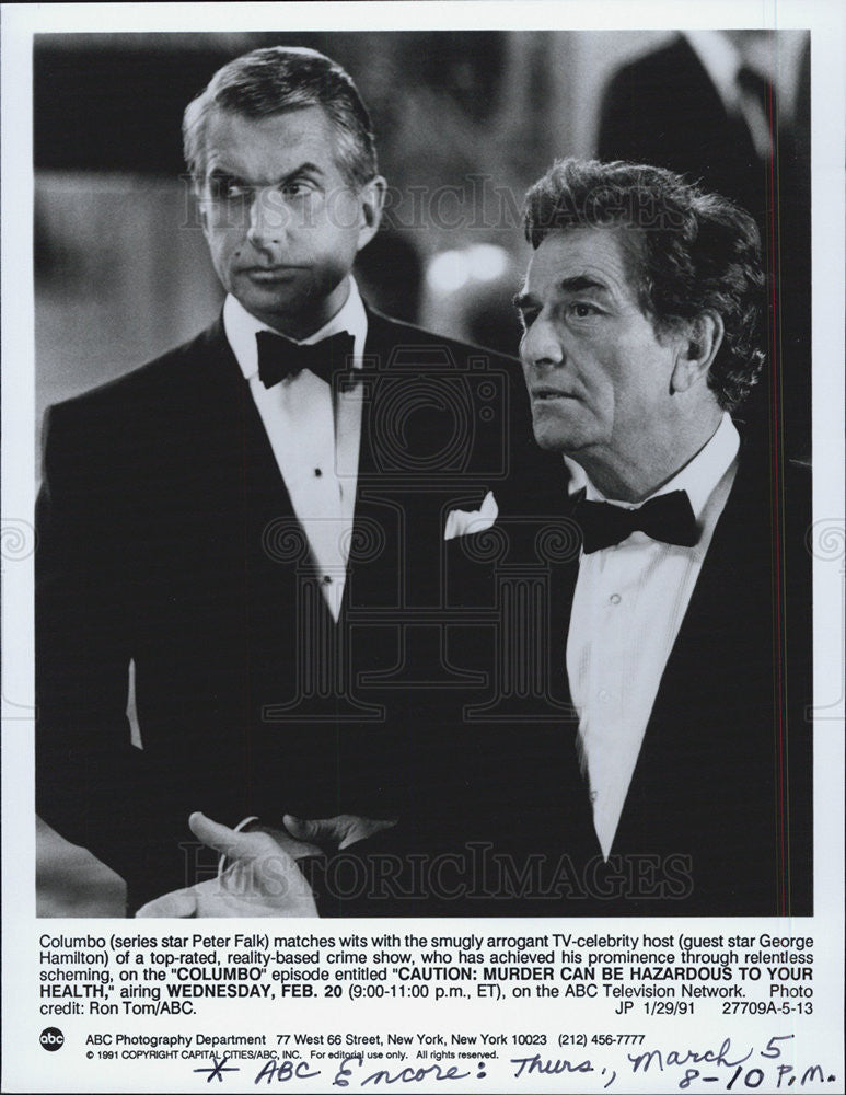 1991 Press Photo Actors Peter Falk  and George Hamilton star in &quot;Columbo&quot; - Historic Images