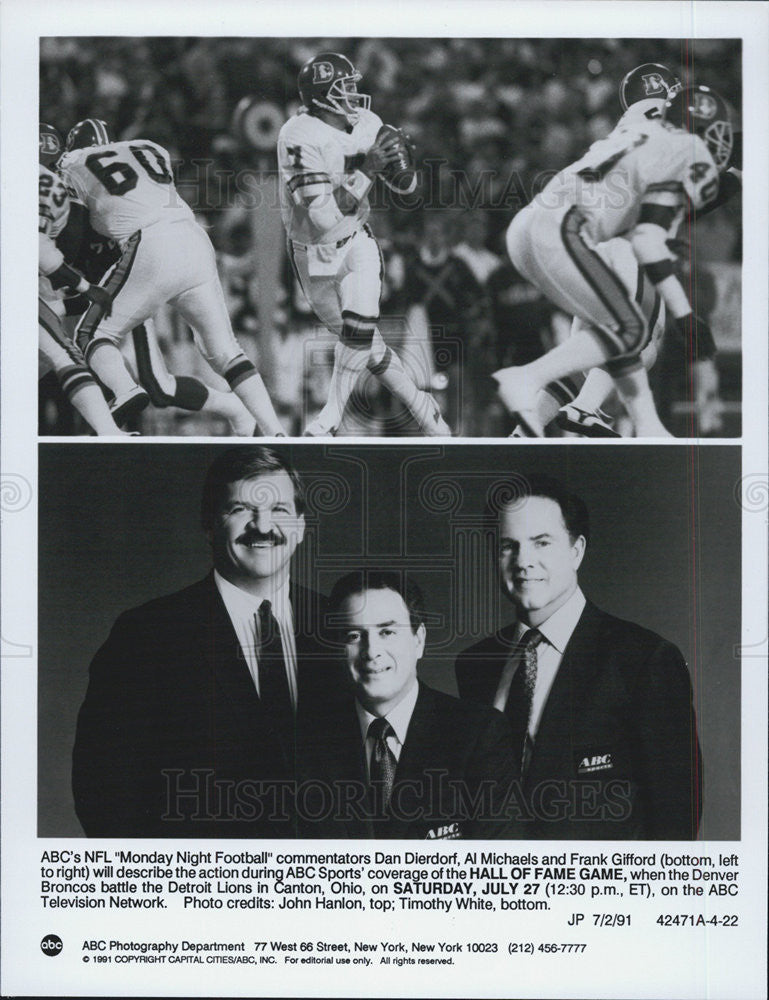 1991 Press Photo Dan Dierdorf Al Michaels Frank Gifford Sportscasters Broncos - Historic Images