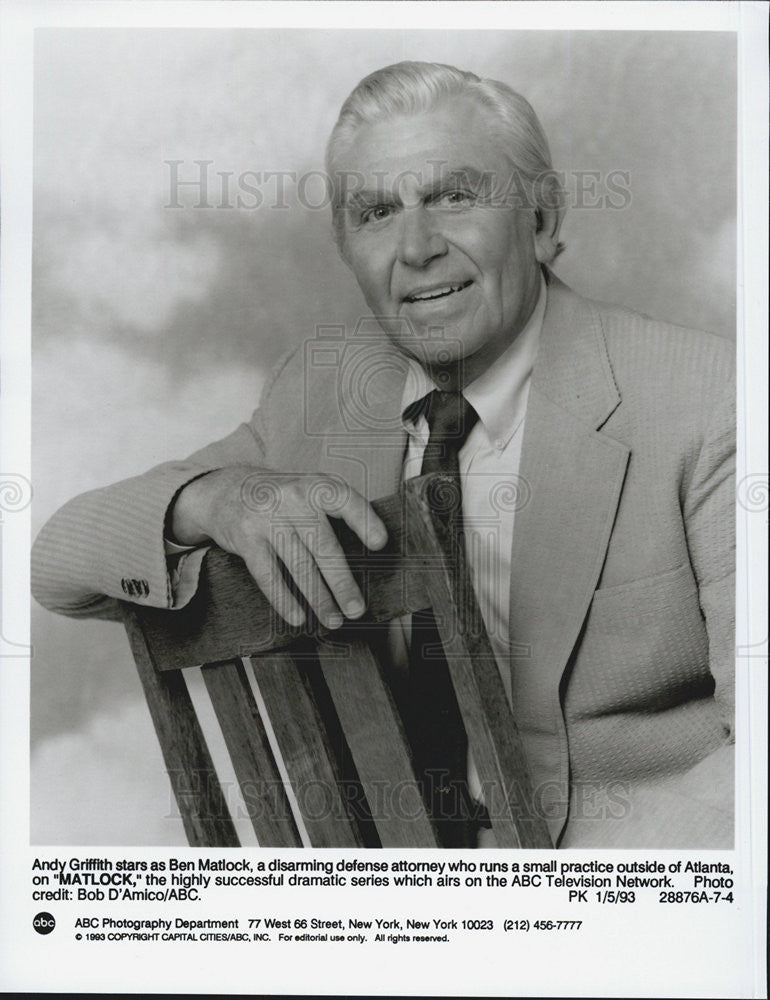 1993 Press Photo Andy Griffith Actor Matlock - Historic Images