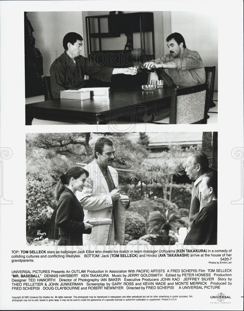 1992 Press Photo Tom Selleck Ken Takakura Aya Takanashi Actors Mr. Baseball - Historic Images