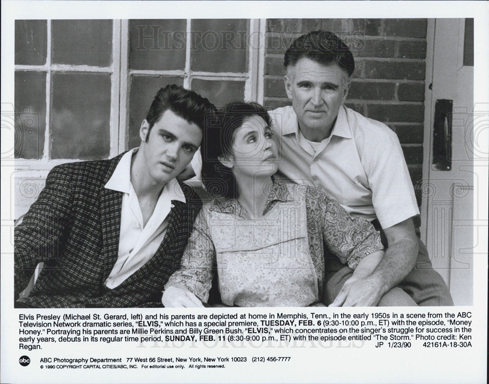 1990 Press Photo M. St Gerard Presley,Millie Perkins &amp; Billy G Bush in &quot;Elvis&quot; - Historic Images