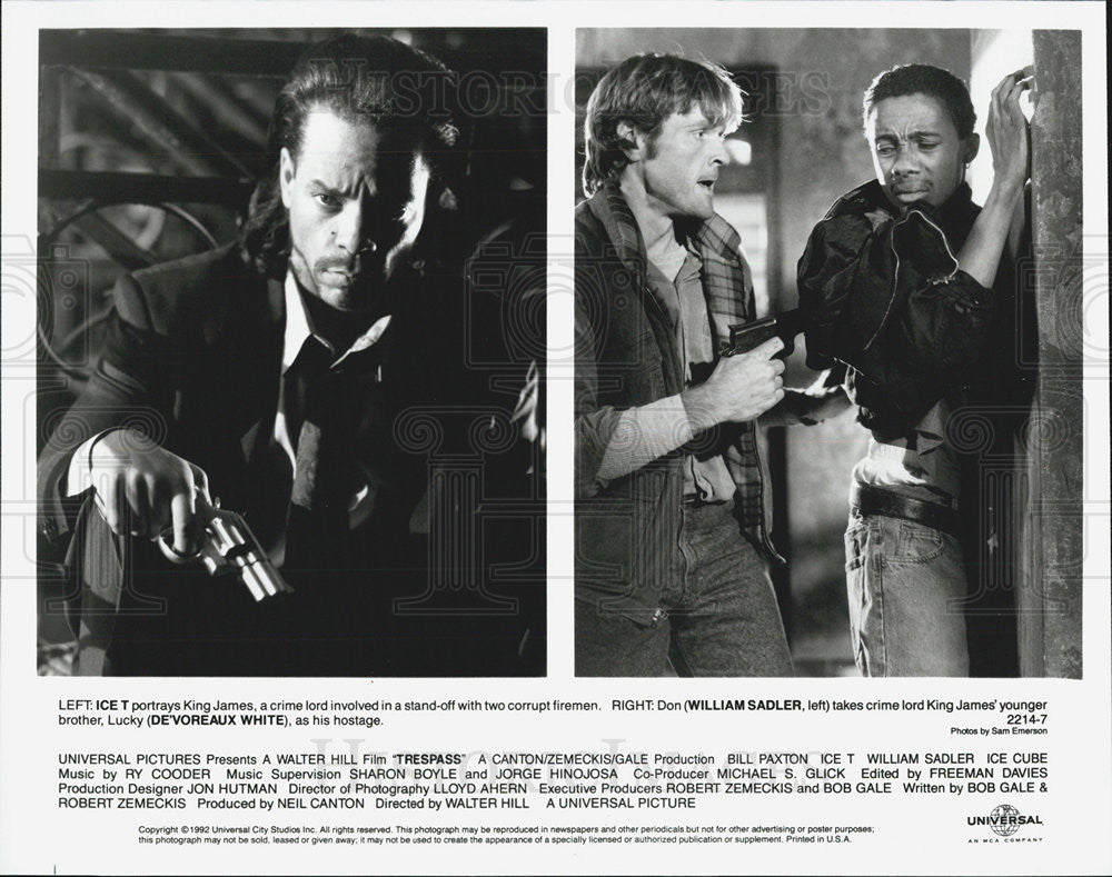 1992 Press Photo Ice T William Sadler De&#39;Voreaux White Actors Trespass - Historic Images