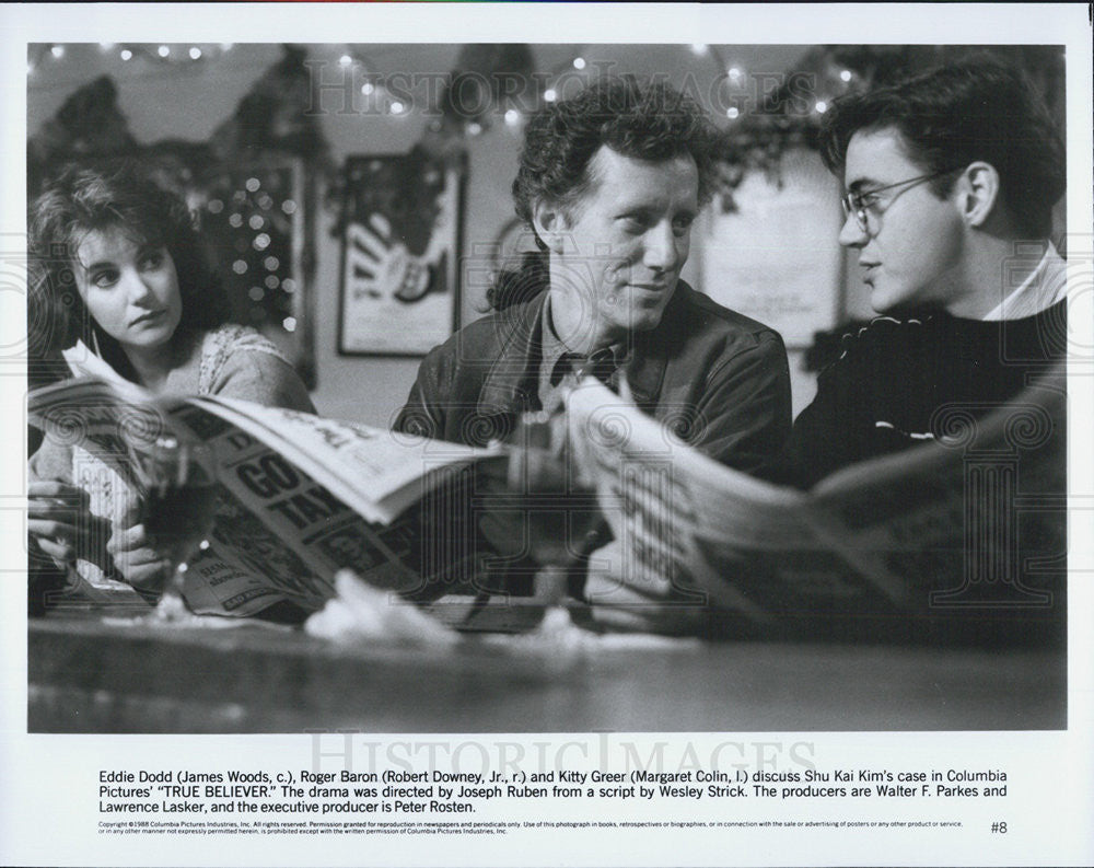 1988 Press Photo James Woods Robert Downey Jr Margaret Colin TRUE BELIEVER - Historic Images