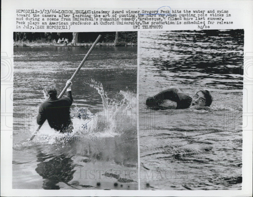 1966 Press Photo Actor Gregory Peck Hits Water For Scene From Movie Arabesque - Historic Images