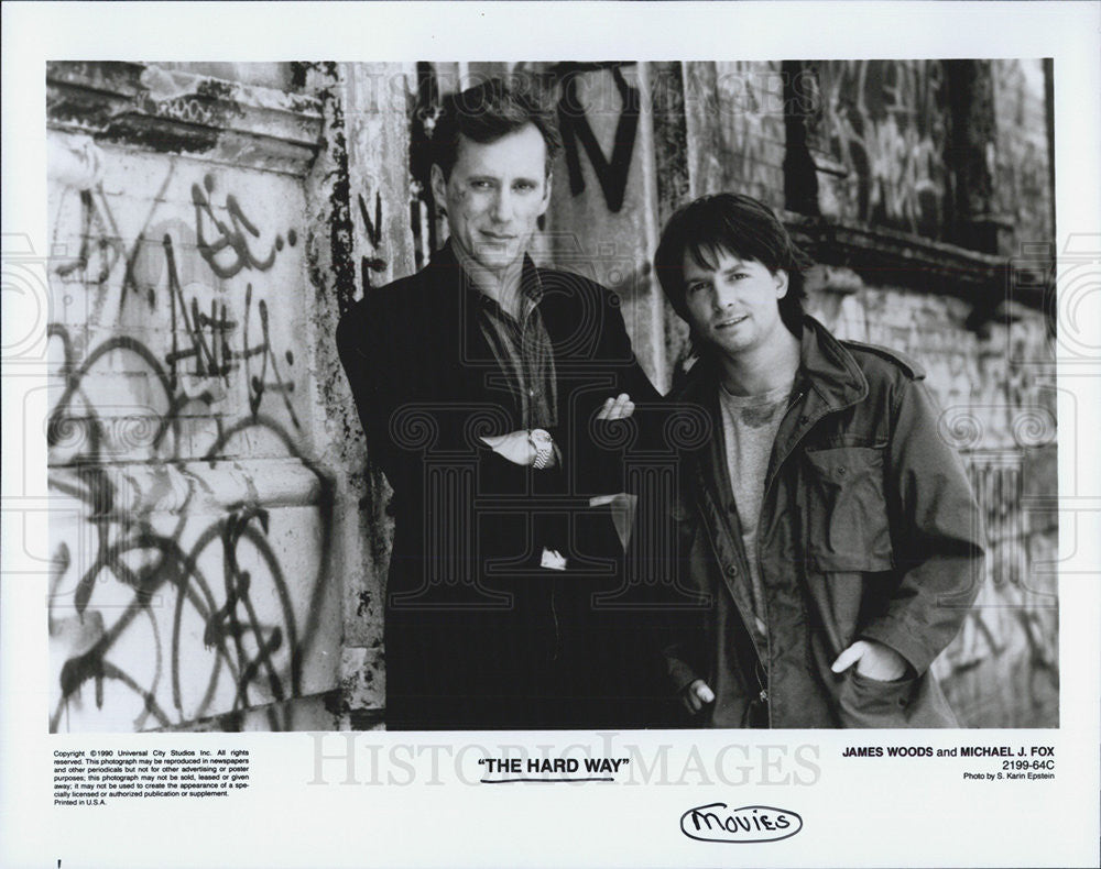 1990 Press Photo The Hard Way Film James Woods Michael J Fox Actors - Historic Images