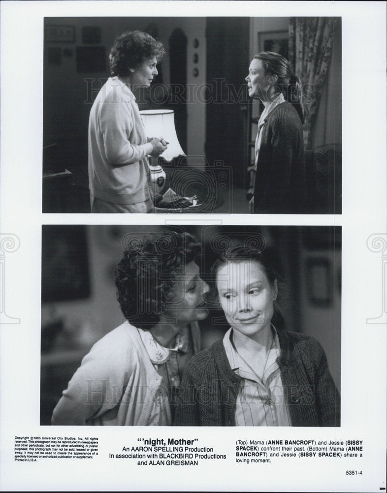 1986 Press Photo Actors Anne Bancroft Sissy Spacek Night Mother - Historic Images