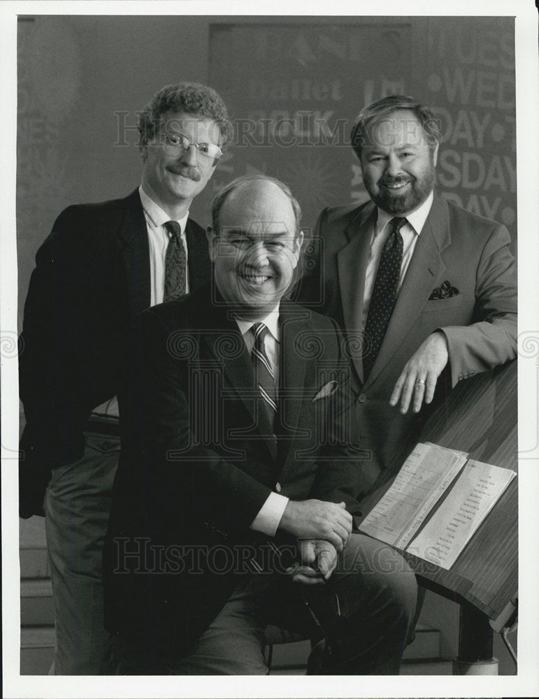 1987 Press Photo William Geist, Charles Kuralt  &amp; Ron Powers on &quot;Sunday Morning&quot; - Historic Images