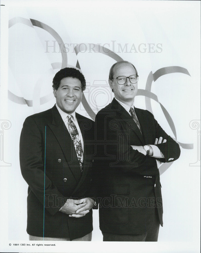 1991 Press Photo Greg Gumbel&amp; Harry Smith hosts of Olympic broadcasts - Historic Images