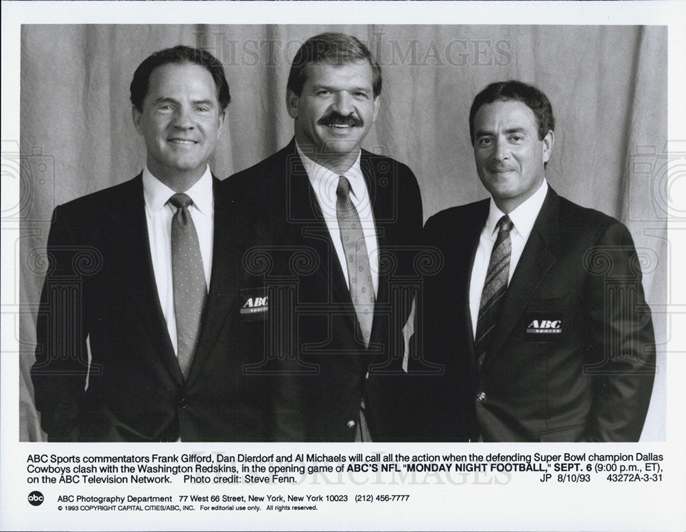 1993 Press Photo Frank Giddord Dan Dierdorf And Al Michaels Host ABC;s NFL Mon - Historic Images