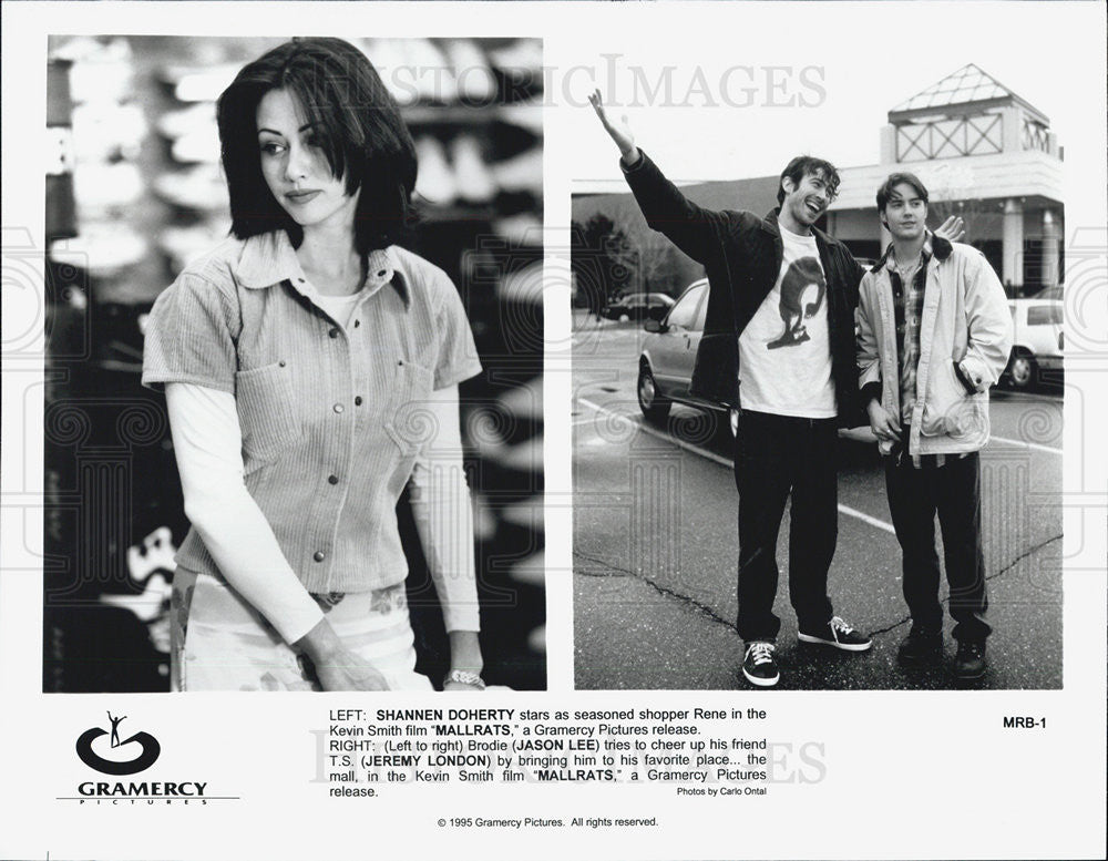 1995 Press Photo Actors Shannen Doherty, Jason Lee And Jeremy London &quot;Mallrats&quot; - Historic Images