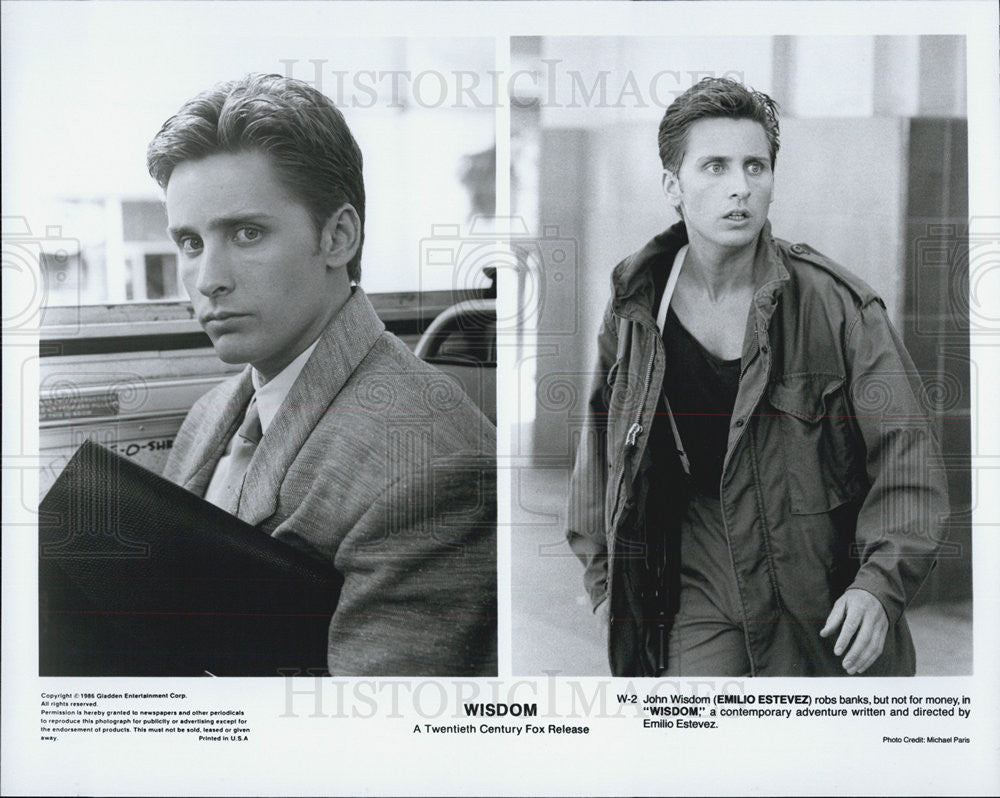 1986 Press Photo Emilio Estevez Stars As John Wisdom In &quot;Wisdom&quot; - Historic Images