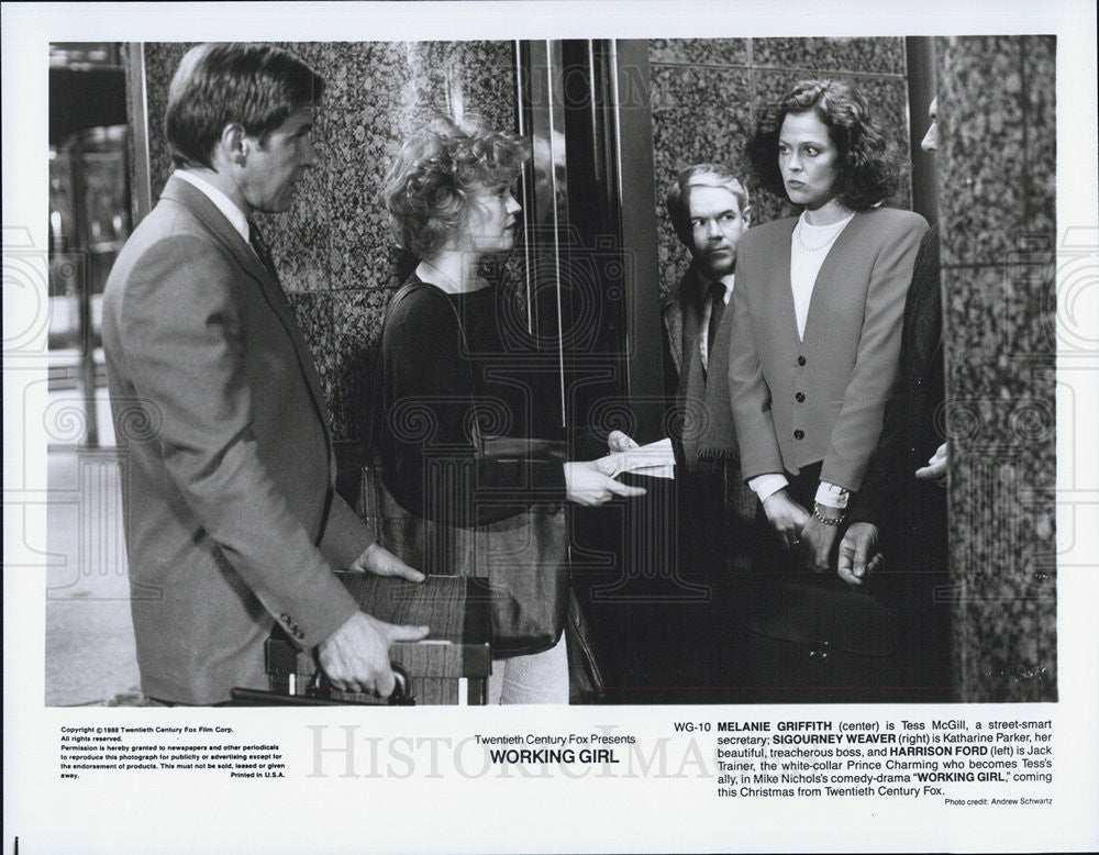 1988 Press Photo Actress Melanie Griffith, Sigourney Weaver, Actor Harrison Ford - Historic Images