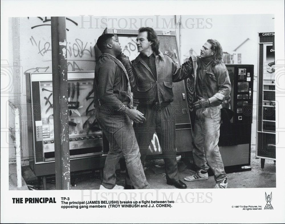 1987 Press Photo James Belushi, Troy Winbush &amp; J.J. Cohen in &quot;The Principal&quot; - Historic Images