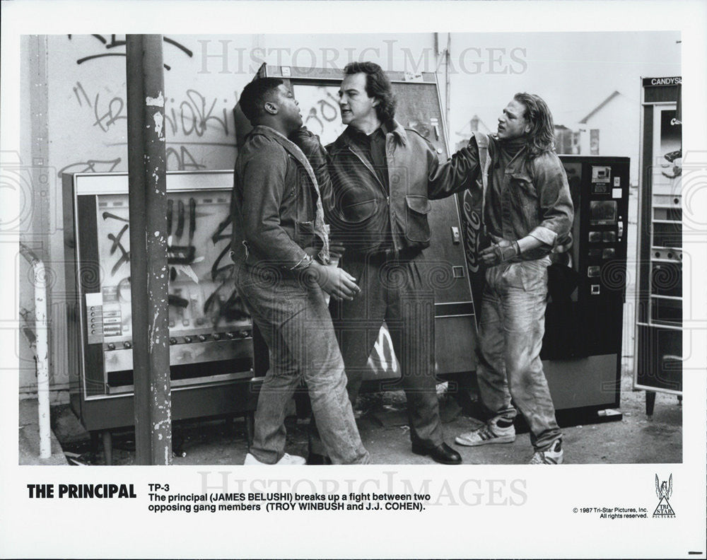 1987 Press Photo James Belushi, Troy Winbush &amp; J.J. Cohen in &quot;The Principal&quot; - Historic Images