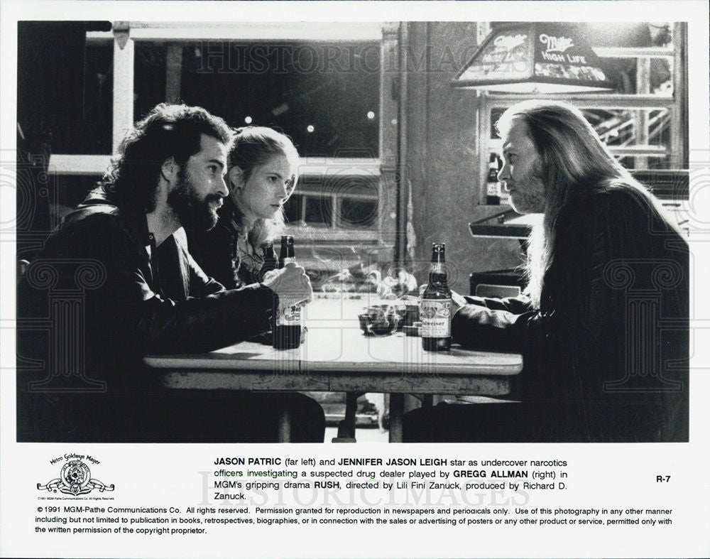 1991 Press Photo Jason Patric,Jennifer Jason Leigh,Gregg Allman in &quot;Rush&quot; - Historic Images