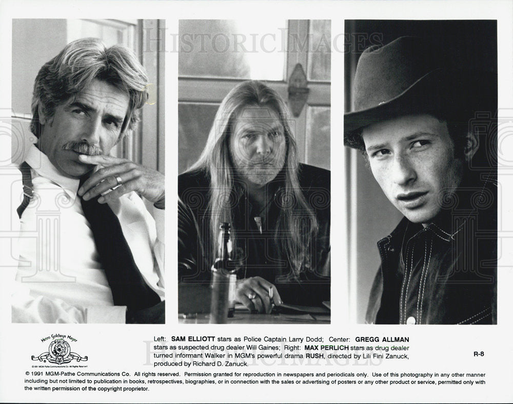 1991 Press Photo Sam Elliott,Gregg Allman,Max Perlich in &quot;Rush&quot; - Historic Images