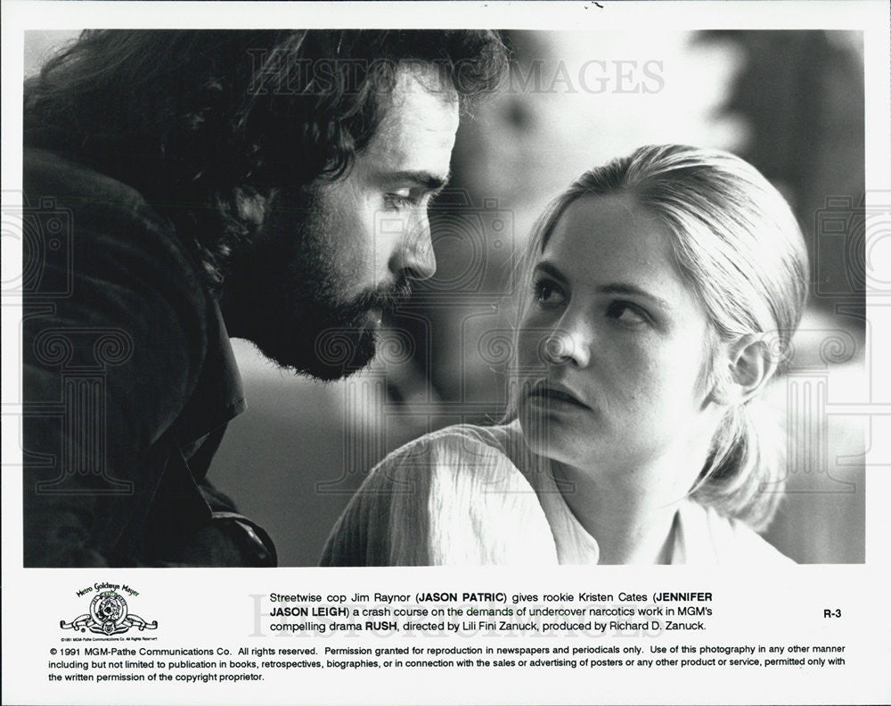 1991 Press Photo Actor Jason Patric and Actress Jennifer Leigh stars in &quot;RUSH&quot; - Historic Images