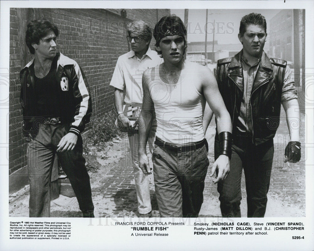 1983 Press Photo &quot;Rumblefish&quot;Nicholas Cage,Vincent Spano,Matt Dillion - Historic Images