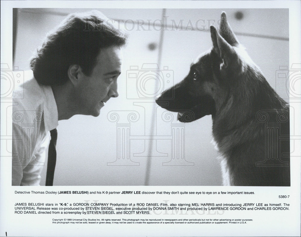 1989 Press Photo James Belushi Jerry Lee K-9 Thomas Dooley Universal City Studio - Historic Images