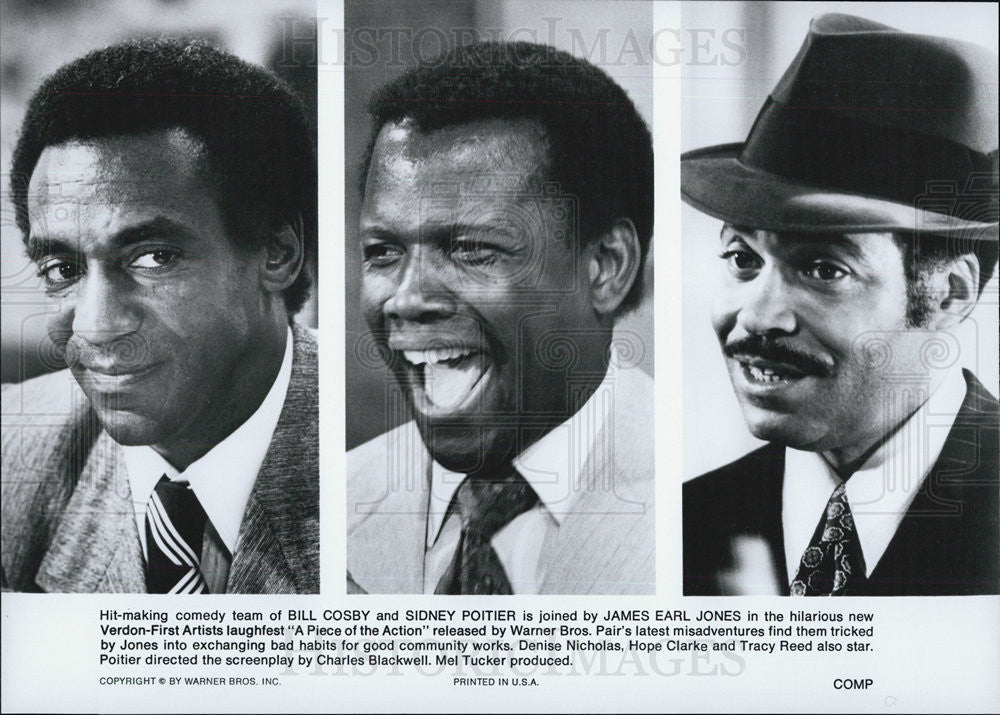 1977 Press Photo Bill Cosby Sidney Poitier James Earl Jones Piece Of Action Film - Historic Images