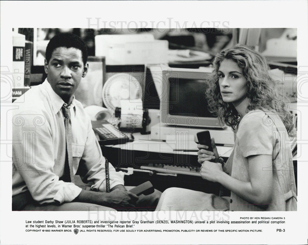 1993 Press Photo Julia Roberts, Denzel Washington in &quot;The Pelican Brief&quot; - Historic Images