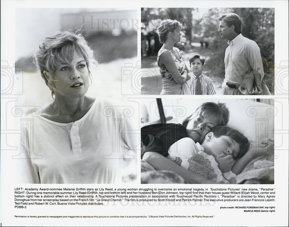 Press Photo Melanie Griffith, Don Johnson, Elijah Wood, Paradise - Historic Images