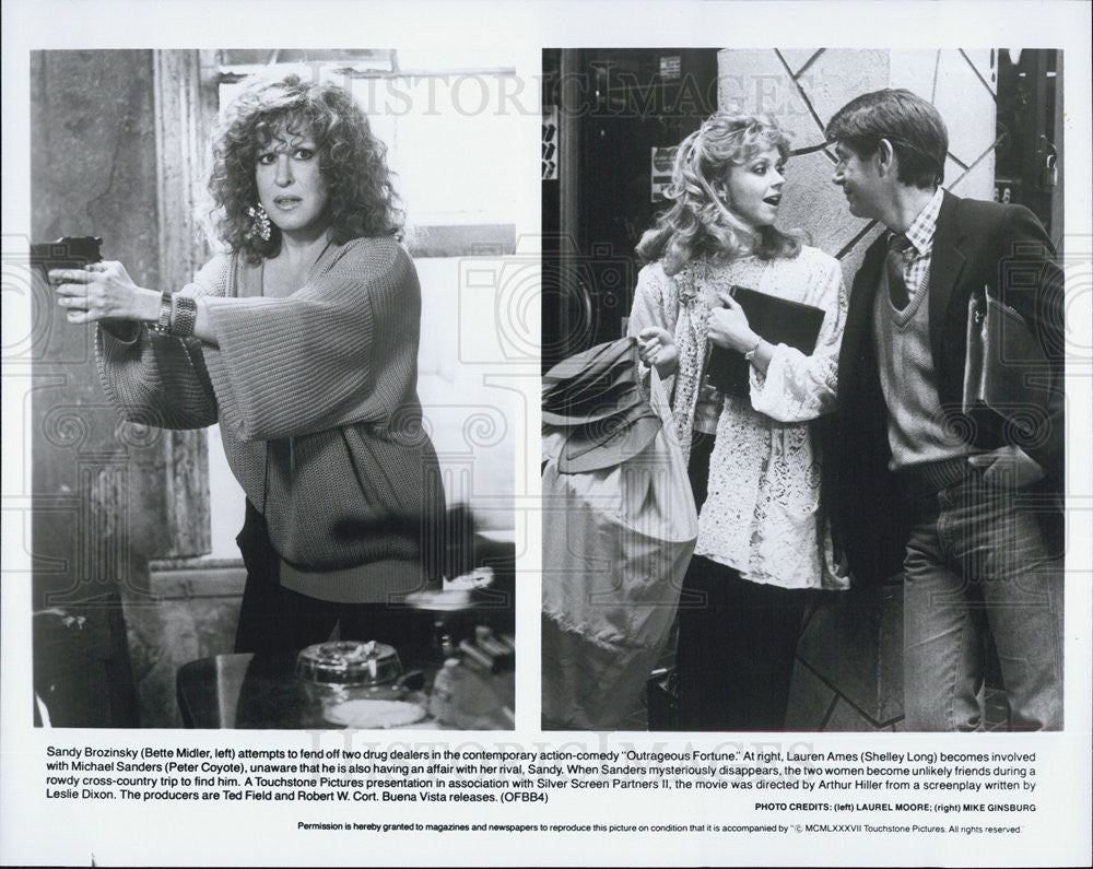 1987 Press Photo Bette Milder &amp; Shelley Long in &quot;Outrageous Fortune&quot; - Historic Images