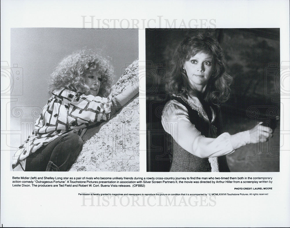 1987 Press Photo Bette Midler &amp; Shelley Long in &quot;Outrageous Fortune&quot; - Historic Images