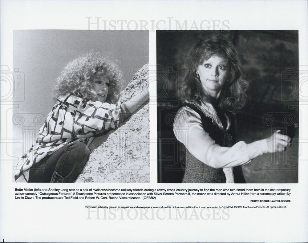 1987 Press Photo Bette Midler, Shelley Long, &quot;Outrageous Fortune&quot; - Historic Images