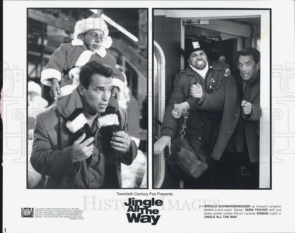 1996 Press Photo Arnold Schwarzenegger Vern Troyer, Sinbad, "Jingle All The Way" - Historic Images