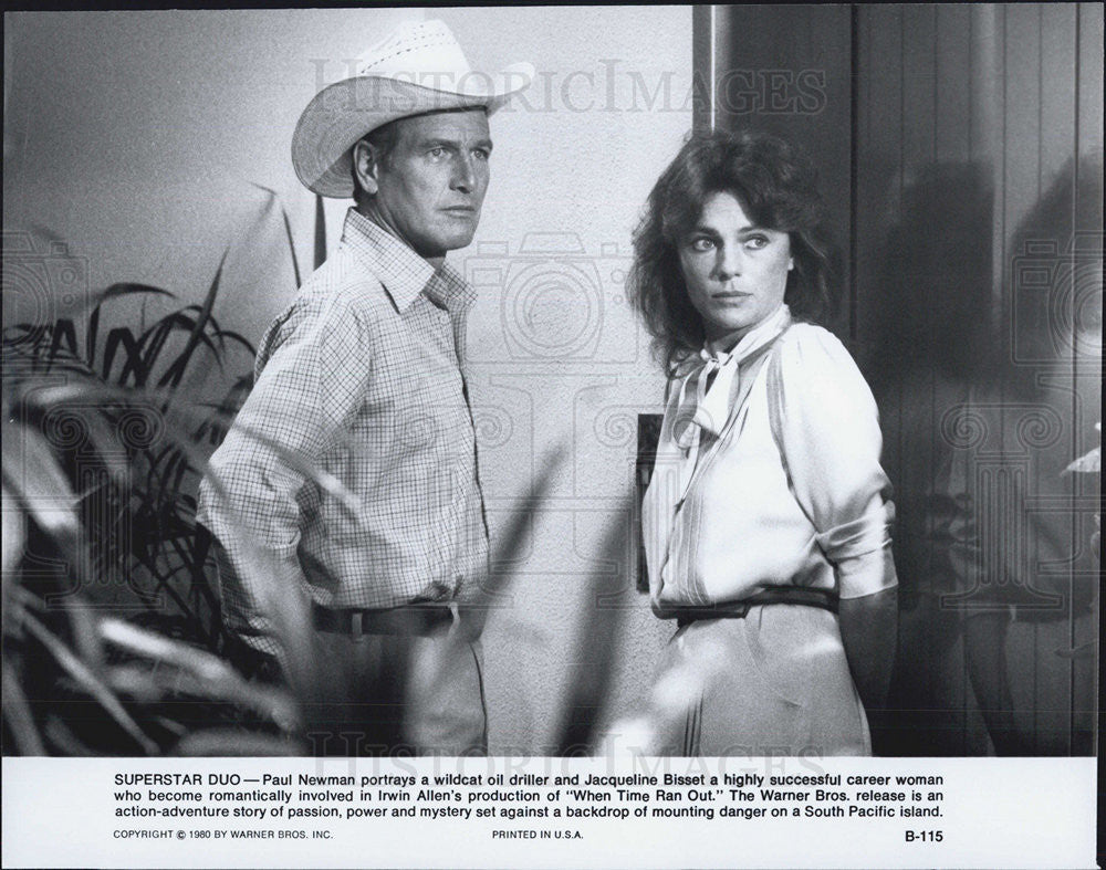 1980 Press Photo Paul Newman Jacqueline Bisset When Time Ran Out Warner Bros - Historic Images