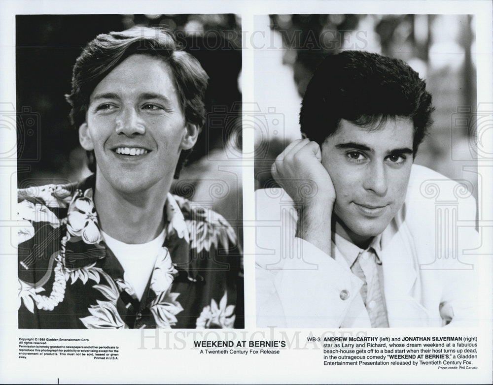 1989 Press Photo Weekend At Bernie&#39;s, Johnathan Silverman and Andrew McCarthy - Historic Images