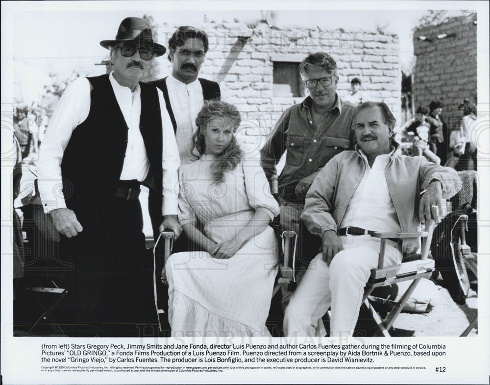 1989 Press Photo Gregory Peck Jimmy Smits Jane Fonda Luis Puenzo OLD GRINGO - Historic Images