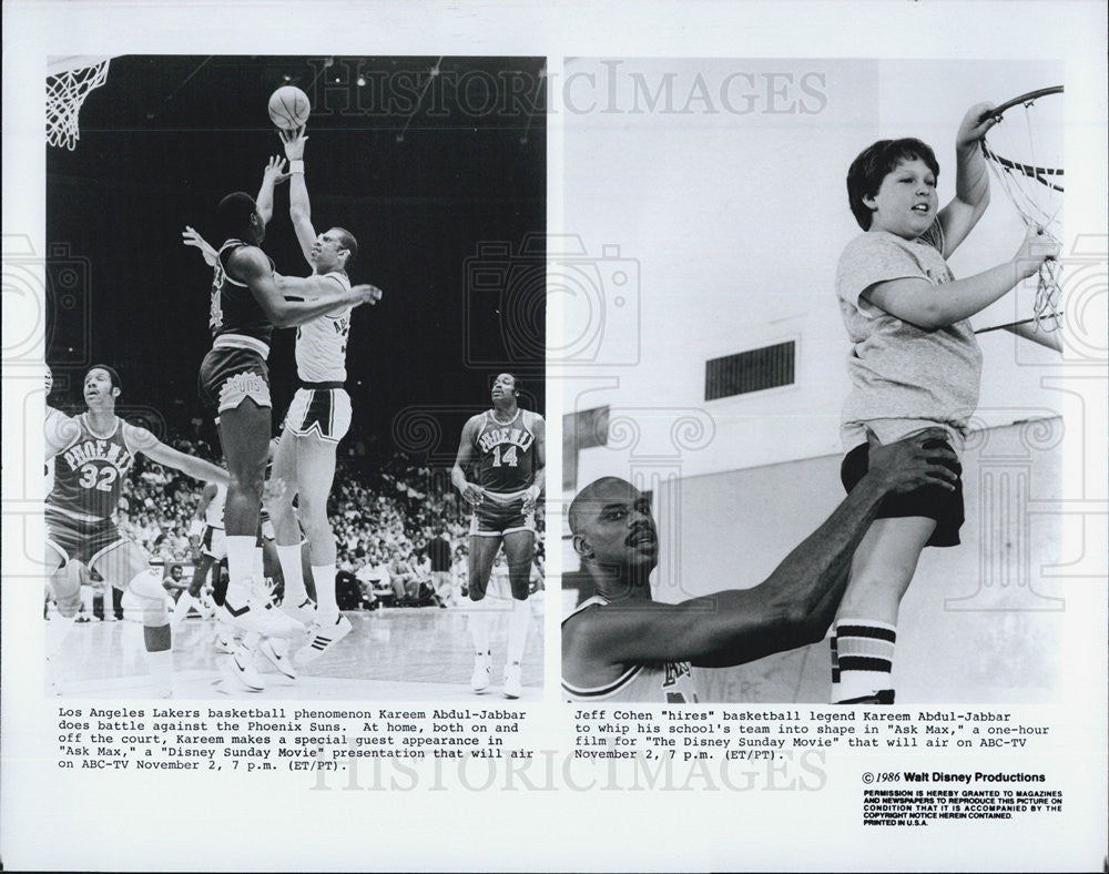 1986 Press Photo Kareem Abdul-Jabbar, Jeff Cohen, Ask Max, Disney Sunday Movie - Historic Images