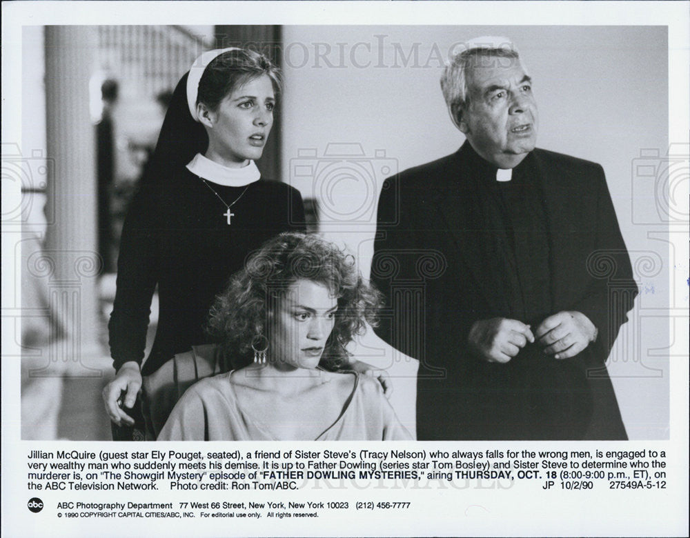 1990 Press Photo Ely Pouget,Tracy Nelson, Tom Bosley in Father Dowling Mysteries - Historic Images