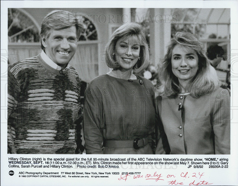 1992 Press Photo Gary Collins,Sarah Purcell,Hilary Clinton - Historic Images