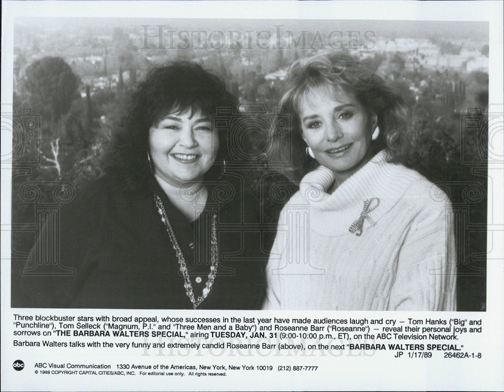 1989 Press Photo Rosanne Barr And Barbara Walters On The Barbara Walters Special - Historic Images