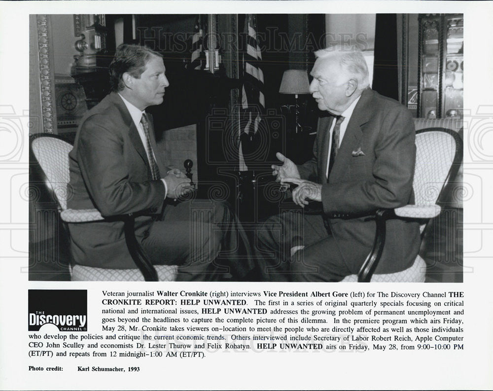 1993 Press Photo Walter Cronkite/TV Journalist/US Vice President Albert Gore - Historic Images