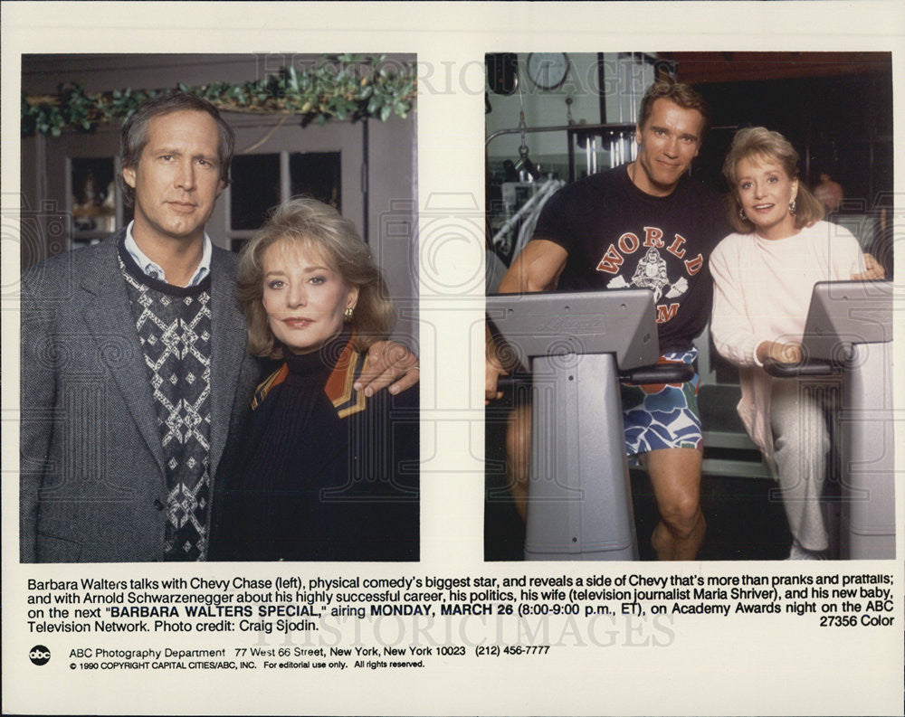 1990 Press Photo Barbara Walters,Chevy Chase,Arnold Schwarznegger - Historic Images