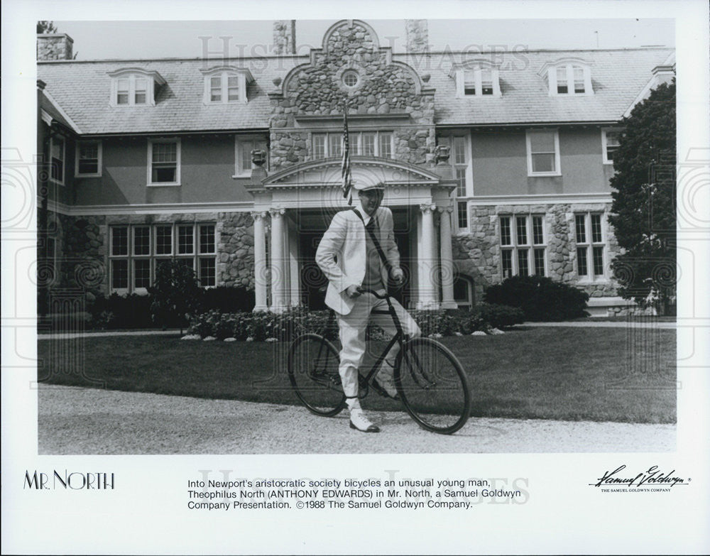 1988 Press Photo Anthony Edwards On Bike In Front Of Home In Mr North COPY - Historic Images