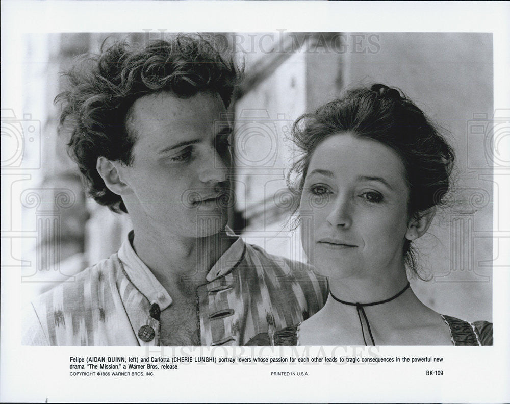 1986 Press Photo Aidan Quinn an Cherie Lunghi star in &quot;The Mission&quot; - Historic Images