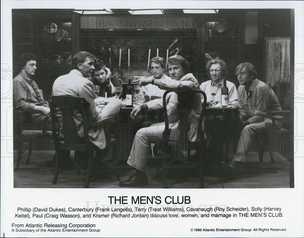 1986 Press Photo &quot;The Men&#39;s Club&quot; David Dukes. Frank Langella, Treat Williams - Historic Images