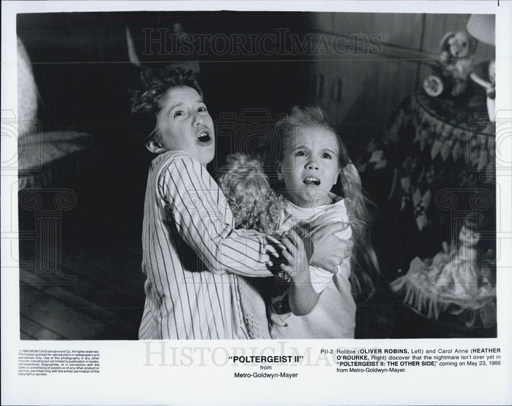 1986 Press Photo Oliver Robins &amp; Heather O&#39;Rourke stars in &quot;Poltergeist II: - Historic Images