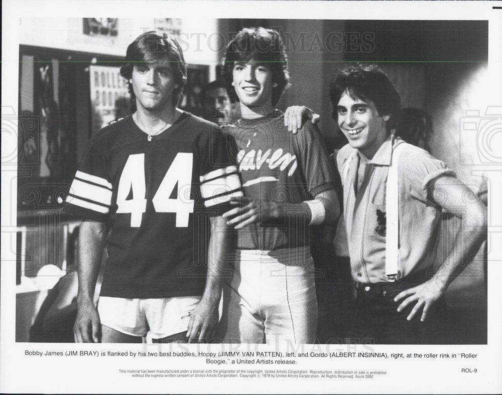 1979 Press Photo Jim Bray, Albert Insinnia &amp; Jimmy Van Patten in &quot;Roller Boogie&quot; - Historic Images