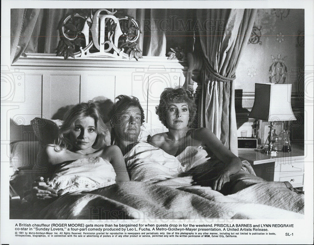 1981 Press Photo Roger Moore Priscilla Barnes Lynn Redgrave Sunday Lovers - Historic Images