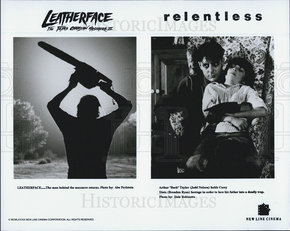 1989 Press Photo Leatherface &amp; Judd Nelson &amp; Brendan Ryan in &quot;Relentless&quot; - Historic Images